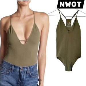 Intimately Free People Move Along Olive Ribbed Seamless V-Neck Bodysuit, XS/S